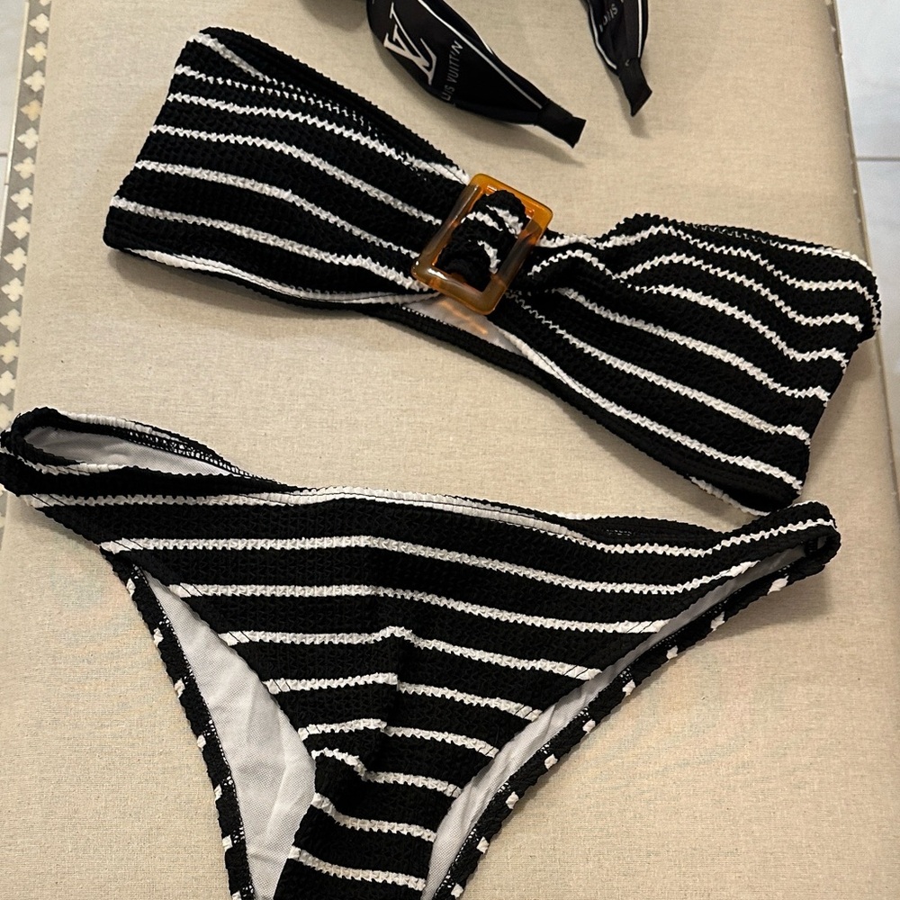 Striped Black & White Bandeau Bikini Set with Buckle Detail